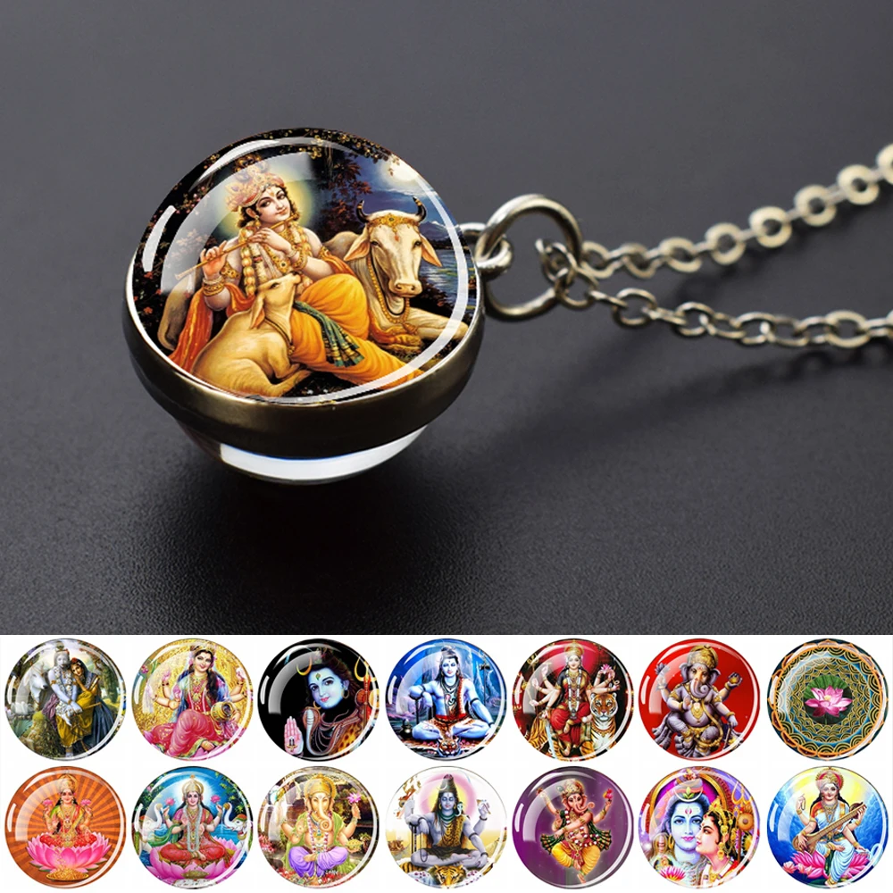 Hinduism Gods Necklaces Ganesha Kashmi Vishnu Shiva Durga Ball Pendant Chains Necklace Women Men Indian Buddhism Amulet Jewelry