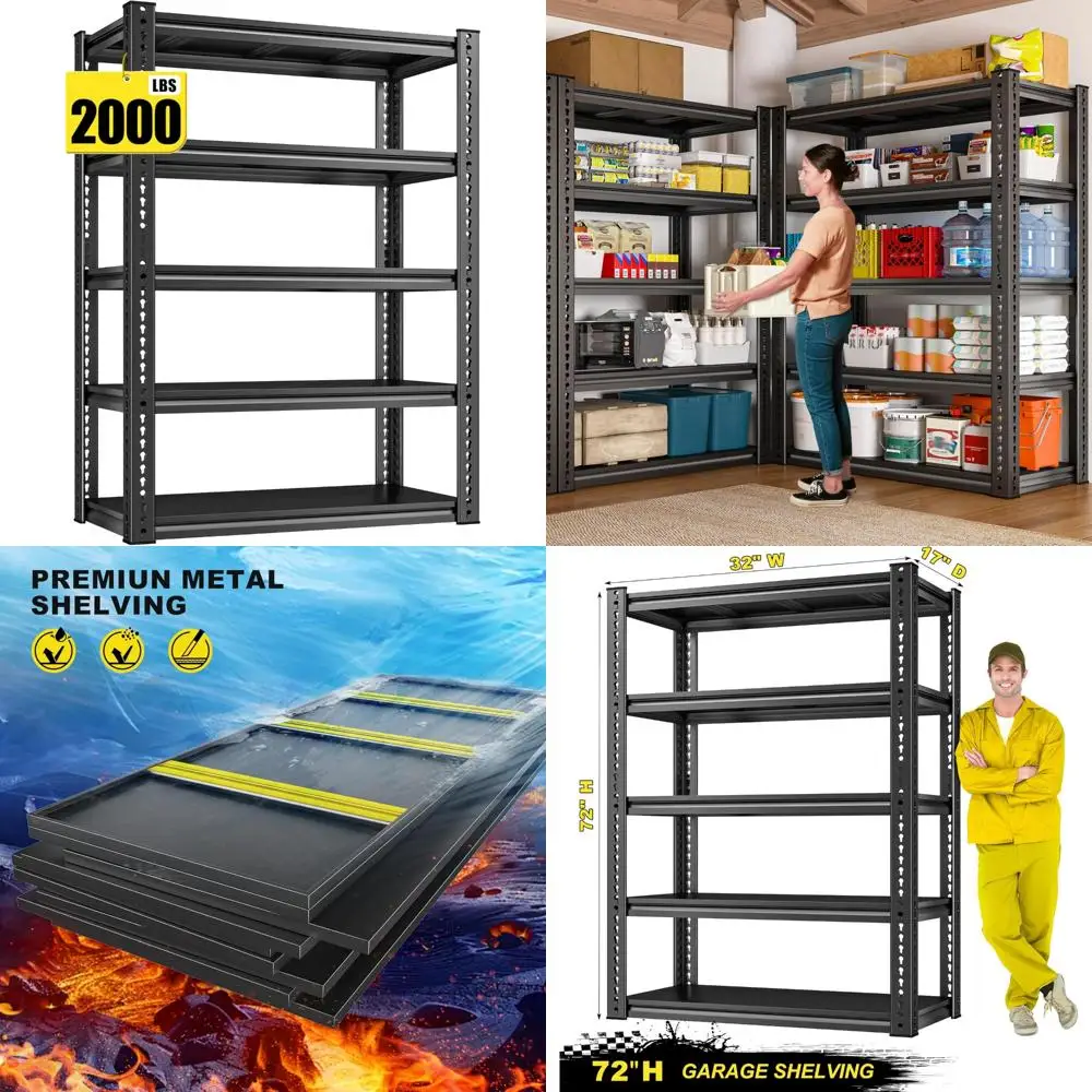 Adjustable 5-Tier Heavy-Duty Metal Storage Shelves for Garage, Supports Up to 2000 LBS, Versatile Rack System