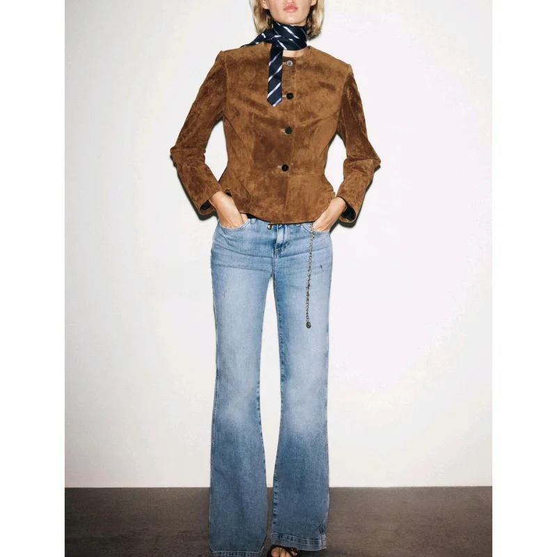 Jesienno-zimowy nowy damski płaszcz w stylu amerykańskim, okrągły dekolt, skóra PU, długi rękaw, krój A, obszycie z poliestru, styl vintage.