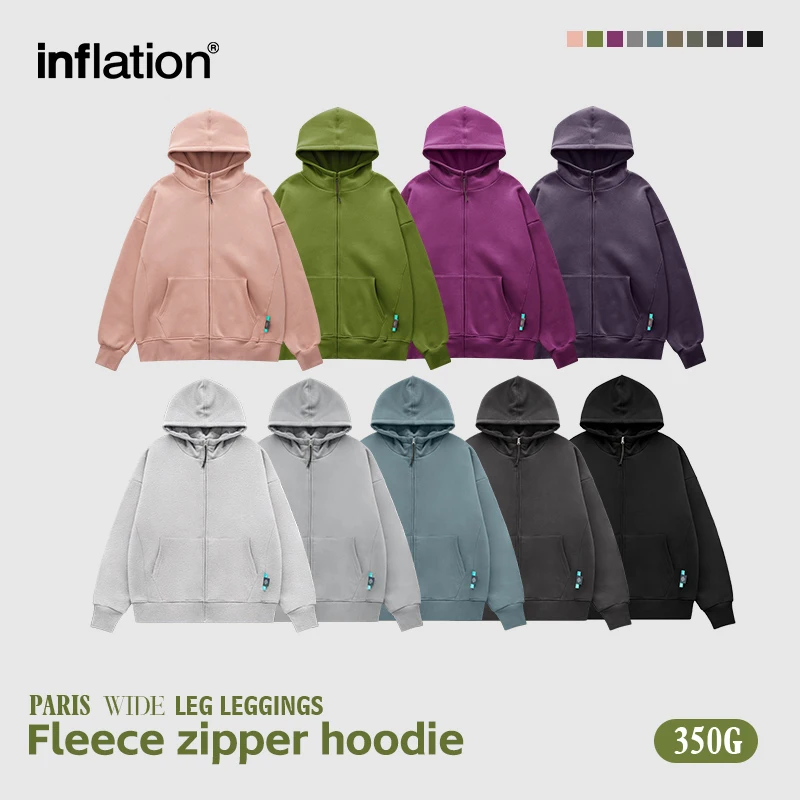 INFLATION Winter Warm Oversized Zip Up Hoodies Unisex 350gsm Fleece Lined Zipper Hooded Jackets Men Blank Oversized Hoodies