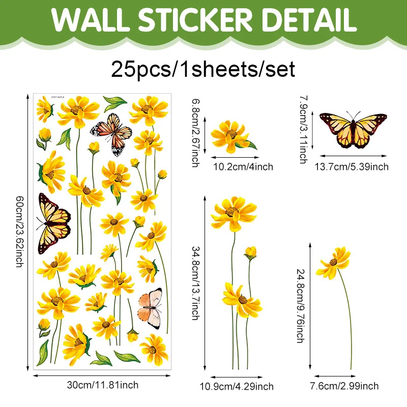 Spring Daisy Window Stickers - Sunny Yellow Flowers & Butterflies, Removable Wall/Glass Decals for Summer Home Decor