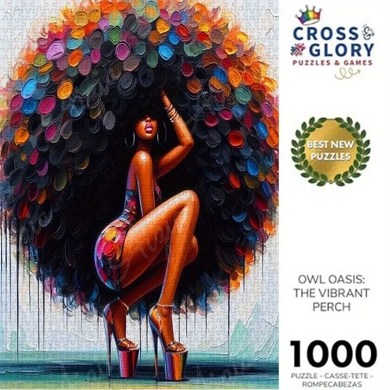 1000ピースのアフリカ系アメリカ人女性パズル、ふわふわの巻き毛とハイヒールをあしらった鮮やかな抽象画、高品質の厚紙素材