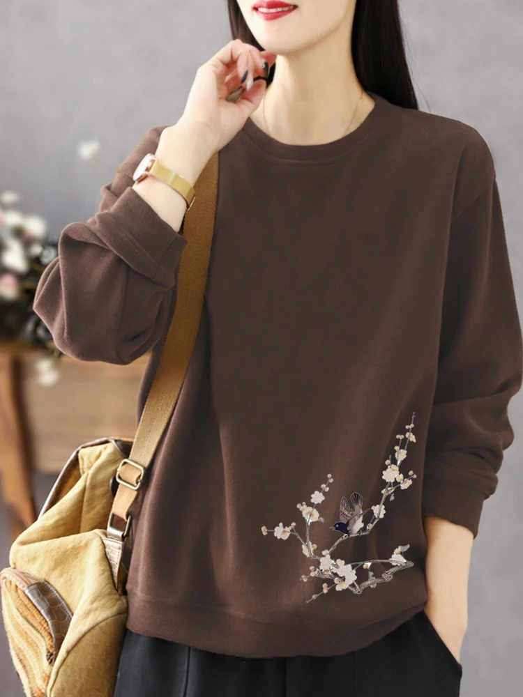 

Pure Cotton Long Sleeve Sweatshirt Women's Autumn Winter Large Size Slimming Chinese Style round Neck Coffee Color Top