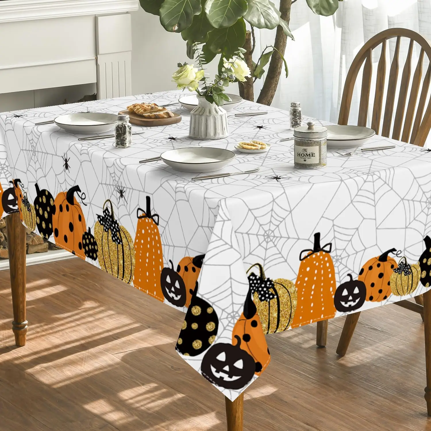 Halloween Kitchen Tablecloth, Jack-O-Lantern Spider Web Horror Theme Washable Tablecloth for Party Picnic Dinner Decoration