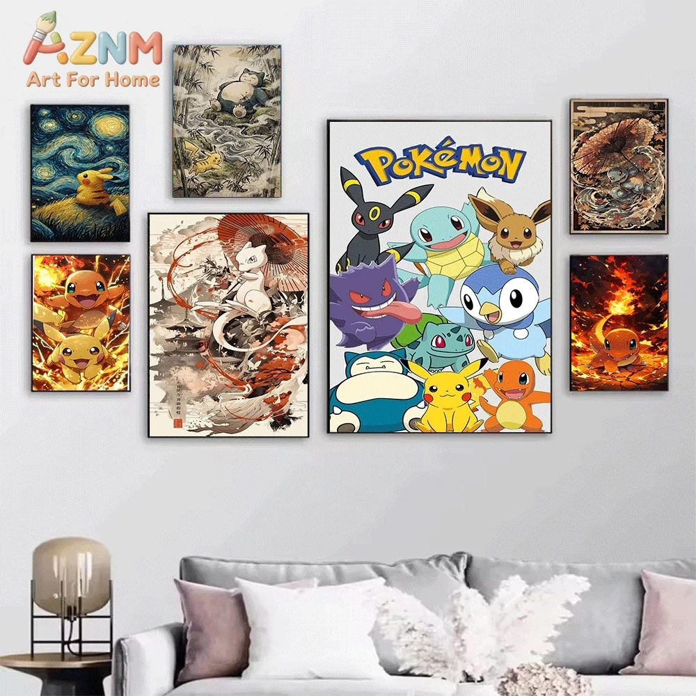 Anime Pokemon Flareon Van Gogh Starry Night Canvas Wall Art, Fire‑type Eevee Evolution Cartoon Frameless Canvas Painting for K