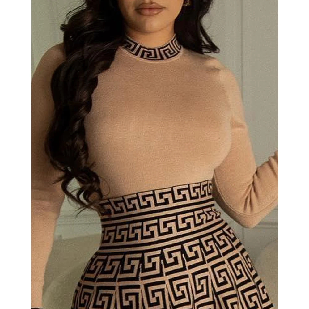 Women Geometric Print Long Sleeve Top & Work Mini Pleated Dress Set Female 2024 Summer O-neck Office A Line Dress Casual Clothes