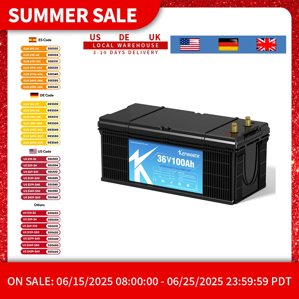 

KEPWORTH 36 В 100 Ач LiFepo4 аккумулятор с Bluetooth Smart BMS 200 А идеально подходит для лодки, троллингового двигателя, гольф-каров, газонокосилки