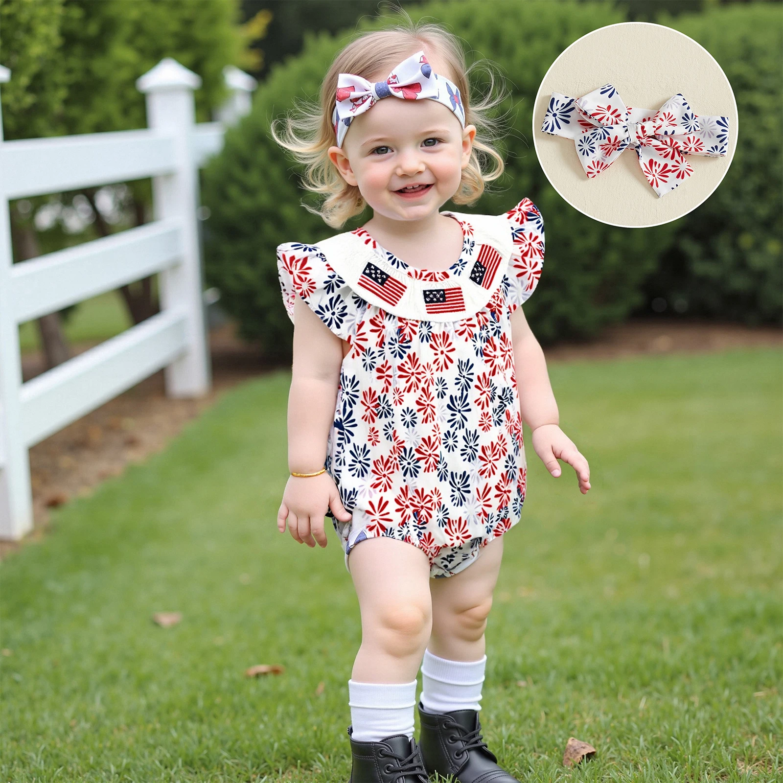 4th of July Newborn Romper for Girls Clothes Firework American Flag Smocked Fly Sleeve Newborn Bodysuit with Headband Summer Set