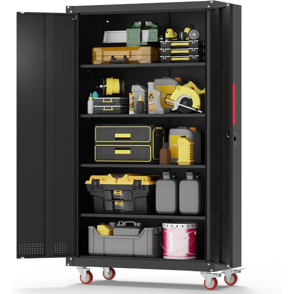 

Metal Garage Cabinets with Wheels| 71 Steel Lockable Garage Storage Cabinet with 4 Adjustable Shelves, Heavy-Duty Tool Storage C