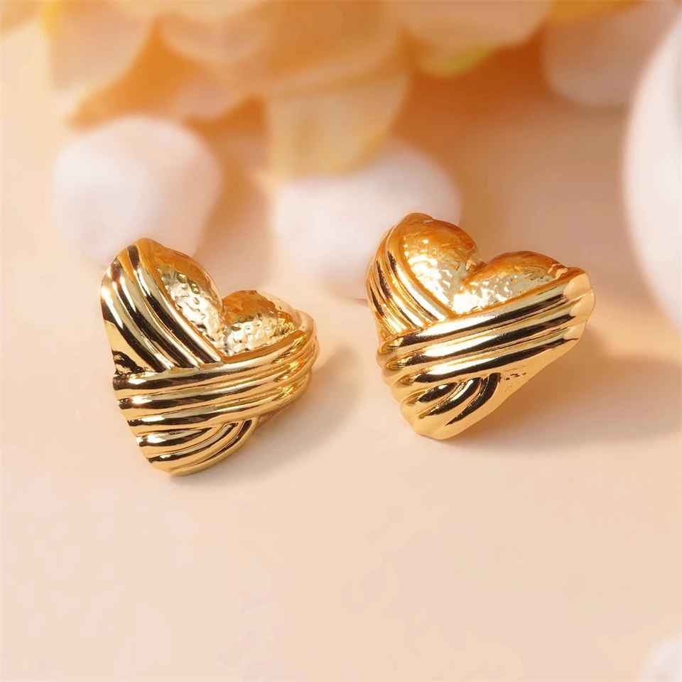UILZ Gold Color Stainless Steel Metal Heart Stripe Stud Earrings Waterproof Personalized Texture Charm Lovely Jewelry Gift image 6