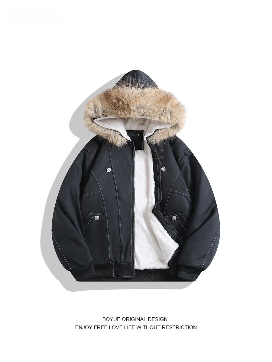 

Boyue Heavyweight Faux Fur Collar down Jacket Warm Casual Men's Hooded Coat Thickened Long Sleeve Zipper Closure Color