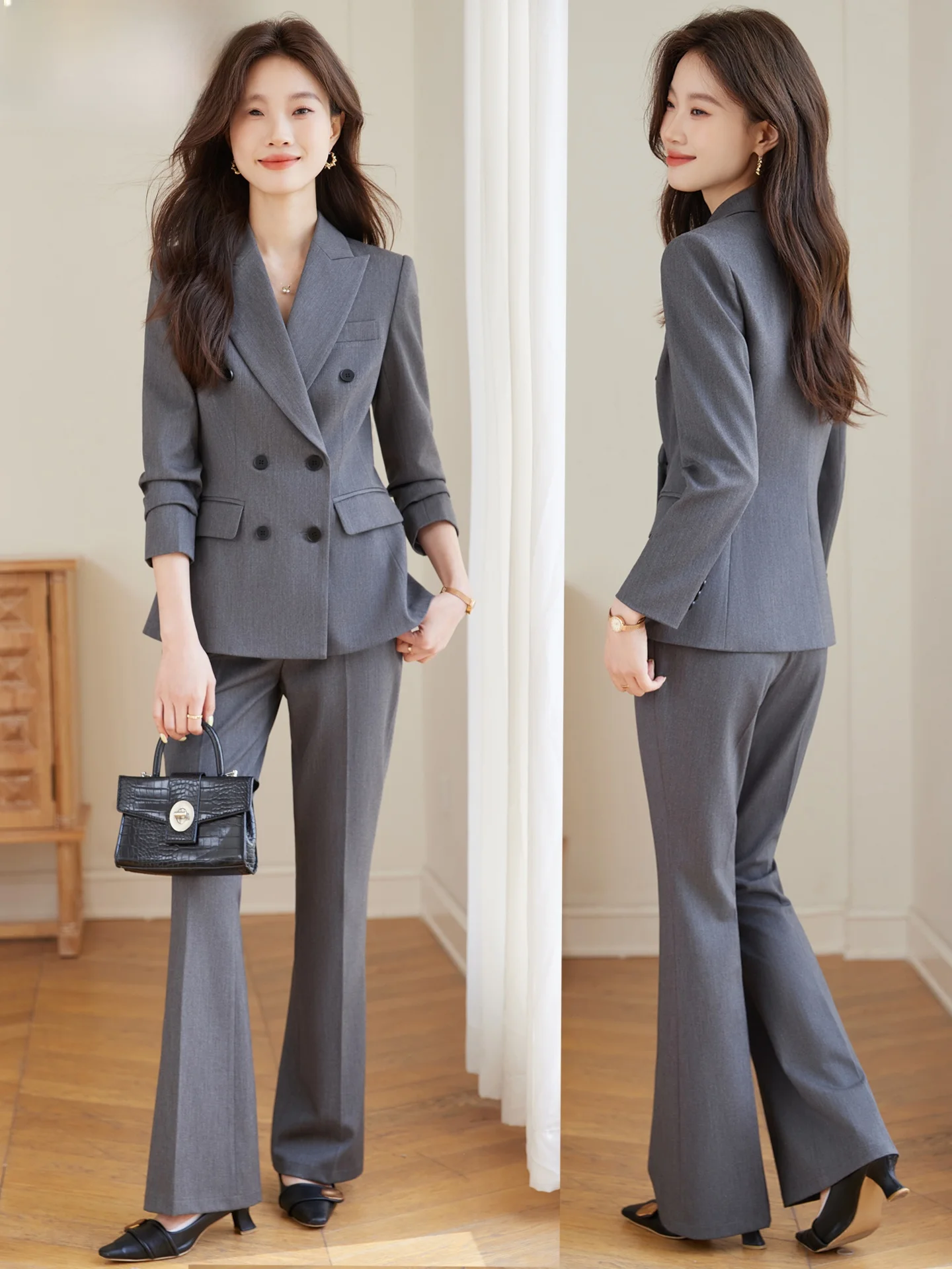 Gray Suit Jacket Women's Elegant Professional Commuting Work Interview Formal Western Suit Set Office Uniform Long Sleeve