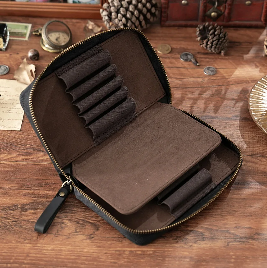 Etui na długopisy z prawdziwej skóry Crazy Horse, 10 przegródek, zapinane na zamek, w stylu vintage, organizer na pióra wieczne (18,5x11,5x4 cm) — zdjęcie produktu 4