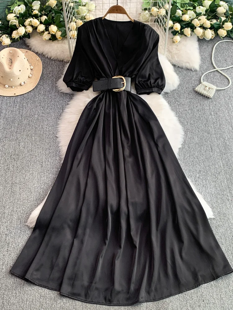 Été 2025 femmes ceinture taille a-ligne Dr Bubble Sve v-ne imprimé léopard Maxi Dr coréen Sle taille haute Midi Dr