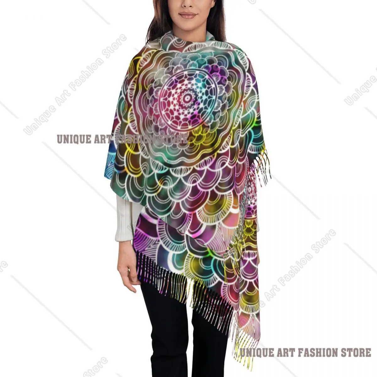 

Пользовательская абстрактная мандала, графическая акварель, цифровая художественная живопись для древних геометрических шарфов, теплая шаль с кисточками, шарфы