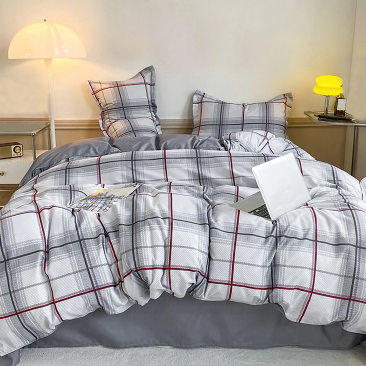 3PCS Plaid Checkered Bedding Set Soft Microfiber Duvet Cover Grey Red Grid Bed Linens Reversible Solid Side For Bedroom