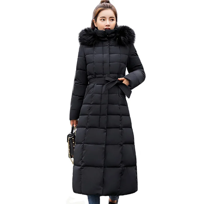 Cotton Women's Long 2024 Winter Clothes Slim-fitting Knee-thickened Clothes Winter Fluffy Hat Solid Color Long-sleeved Jacket