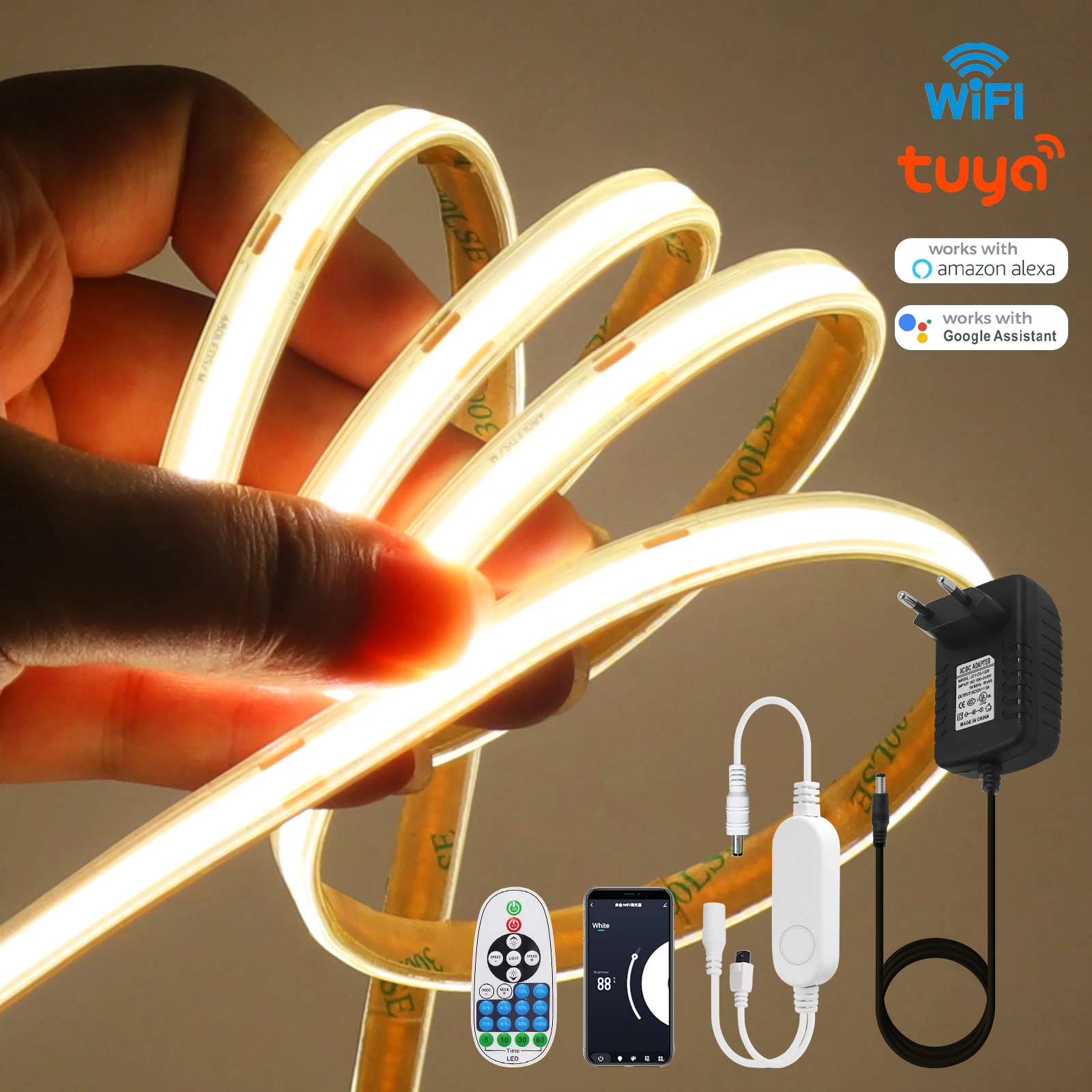 

12 В 24 В Tuya WiFi COB Светодиодная лента 480 светодиодов/м Водонепроницаемая теплая/натуральная/холодная белая светодиодная лампа COB с регулируемой яркостью работает с Alexa Google Home