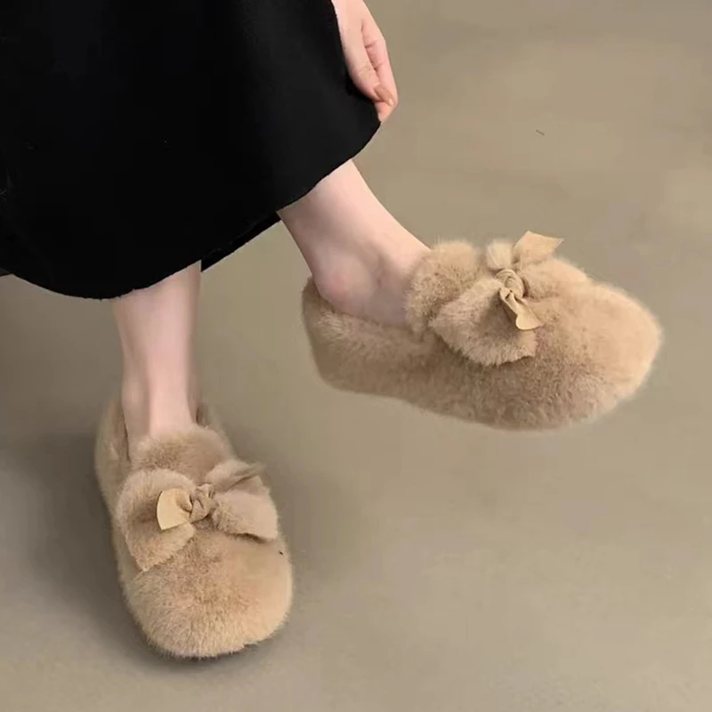 

Fur Flats Women Winter Casual Boots Bow Ankle Warm New Walking Shoes New Fashion Brand Short Plush Round Toe Female Cozy simple