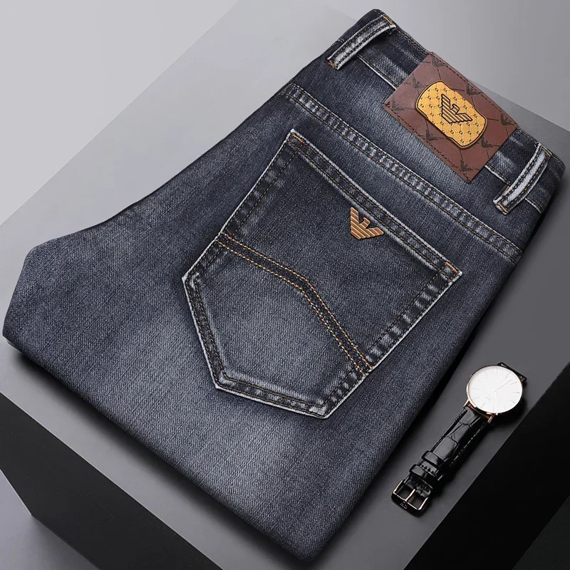 الأعمال عارضة غسلها الجينز الأزرق الرجال فضفاض مستقيم الساق رقيقة منتصف الخصر مرونة عالية الربيع الصيف أزياء ارتداء