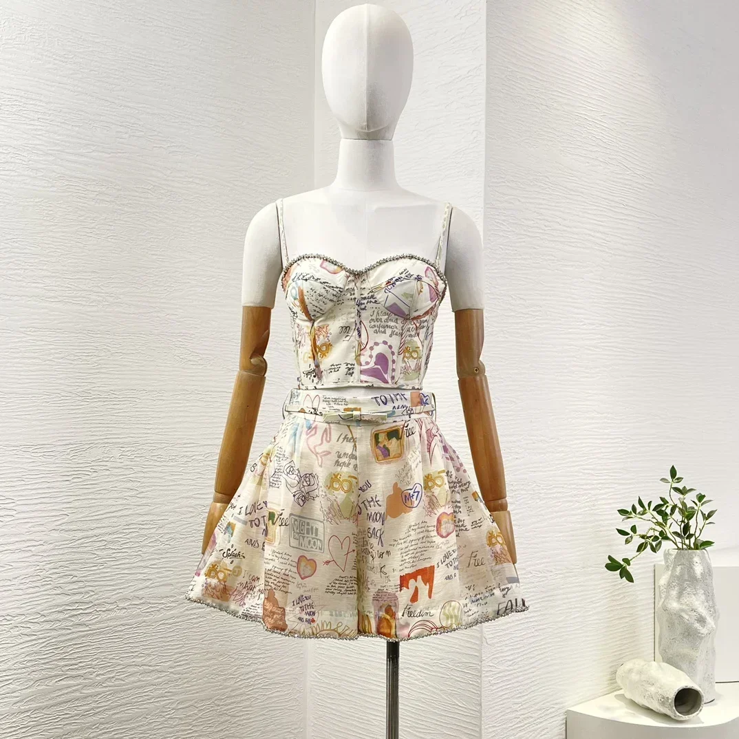 

Beach Style 2024 New High Quality Autumn Multi-color Cartoon Print Diamonds Cystals Blouse Tops and Shorts Set Skirt Outfit