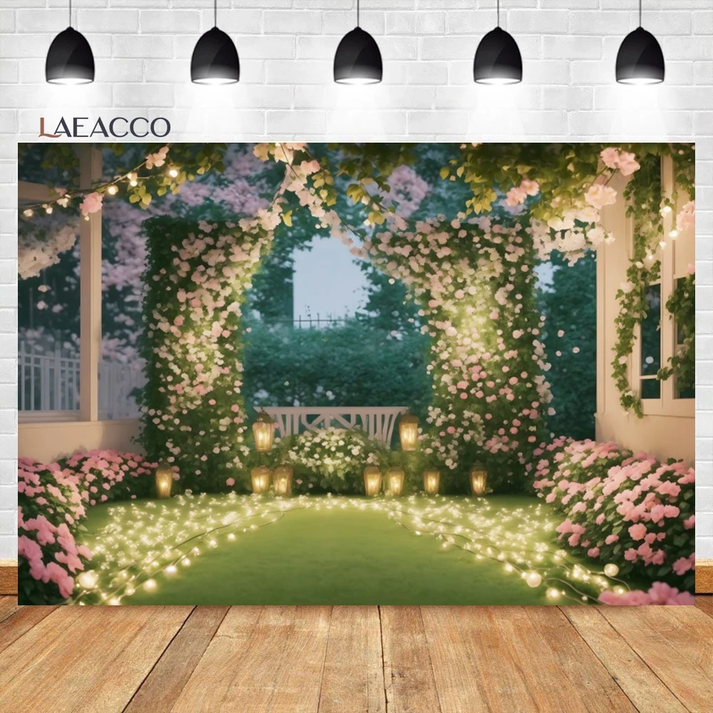 

Laeacco Wedding Ceremony Backdrop Outdoors Green Grassfield Flowers Spring Scenery Bridal Shower Portrait Photography Background