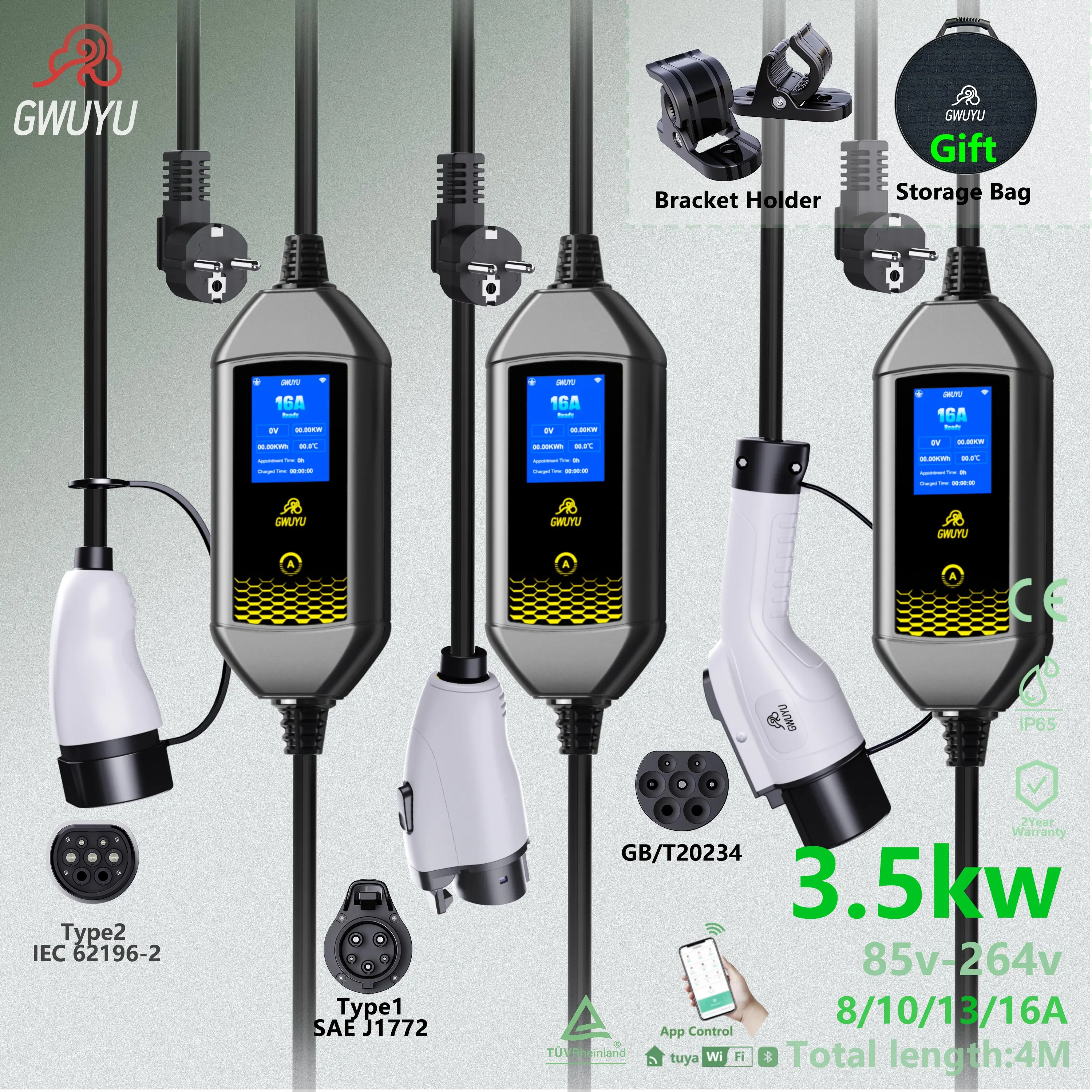 

GWUYU 3.5KW Type 2 Portable EV Charger, APP Adjustable Current, IP65 Waterproof, European Standard EV Charging Station