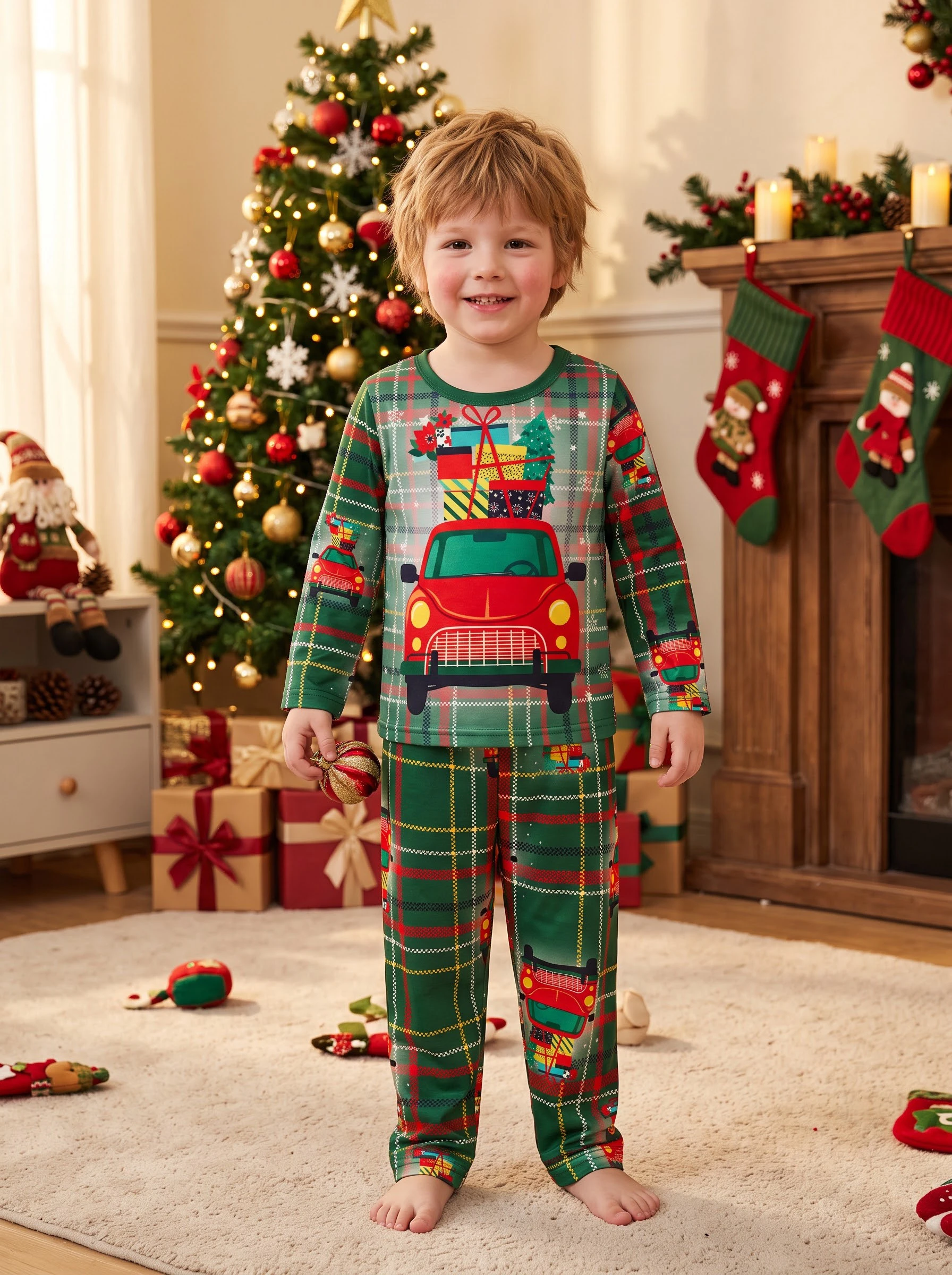 Kids Boys Flame Resistant Christmas Sleepwear Set Vintage Red Car Plaid Printed Long Sleeve Xmas Pajamas