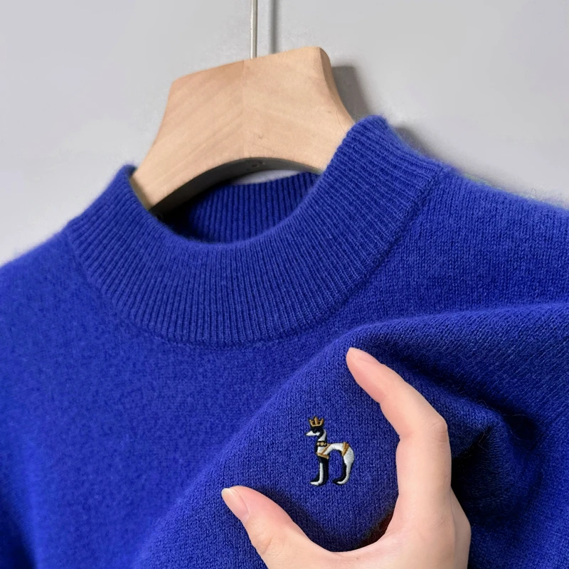 Offres spéciales léger luxe hommes tricot laine pull col montant dessin animé chien broderie pull hiver chaud doux britannique tendance vêtements pour hommes