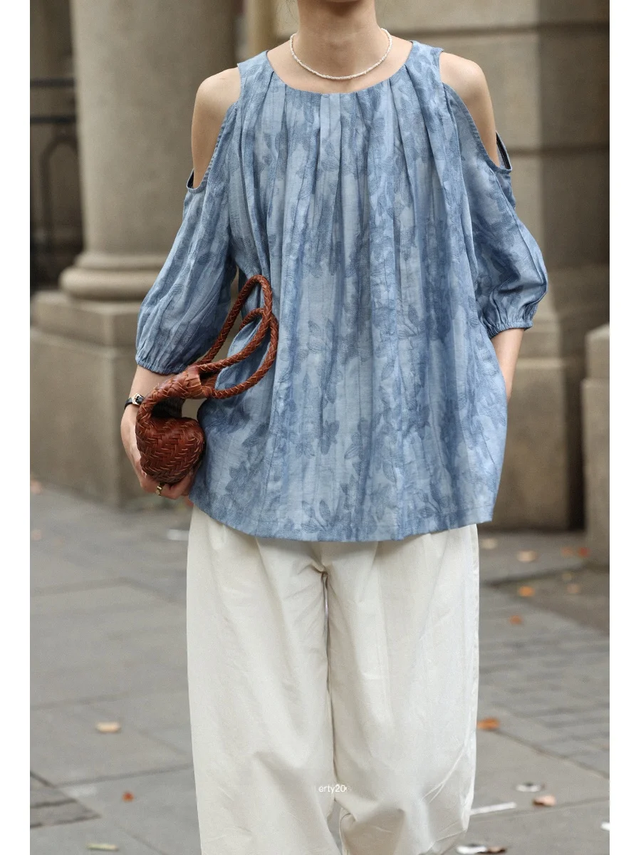 

Новинка: Женский летний топ свободного кроя с круглым вырезом, открытыми плечами, плиссированной текстурой и рукавами-фонариками в корейском стиле