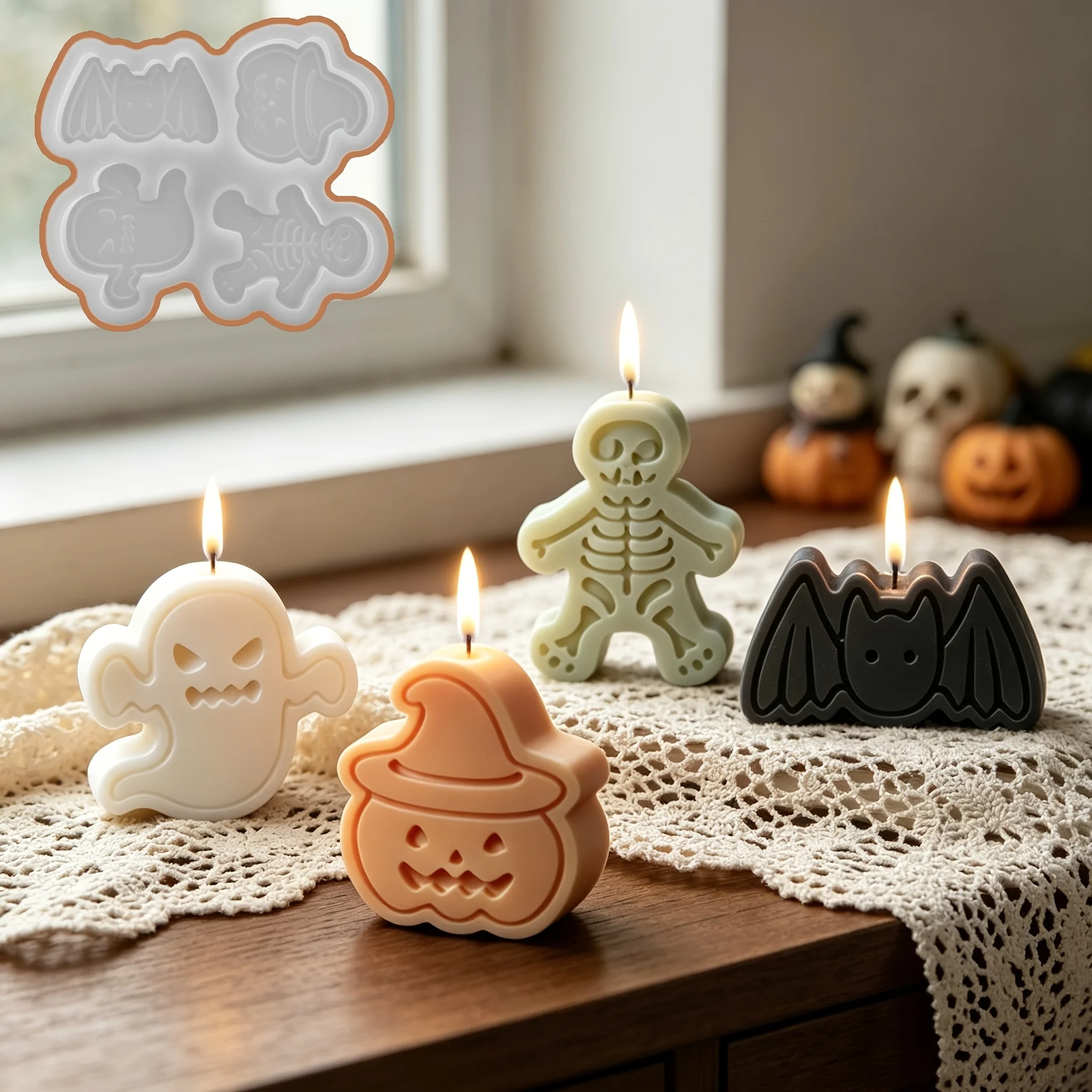 DIY Clay Mold, Four-in-One Halloween Candle Resin Mold, Halloween Pumpkin Decorative Ornament ，Festival Home Desktop Decoration