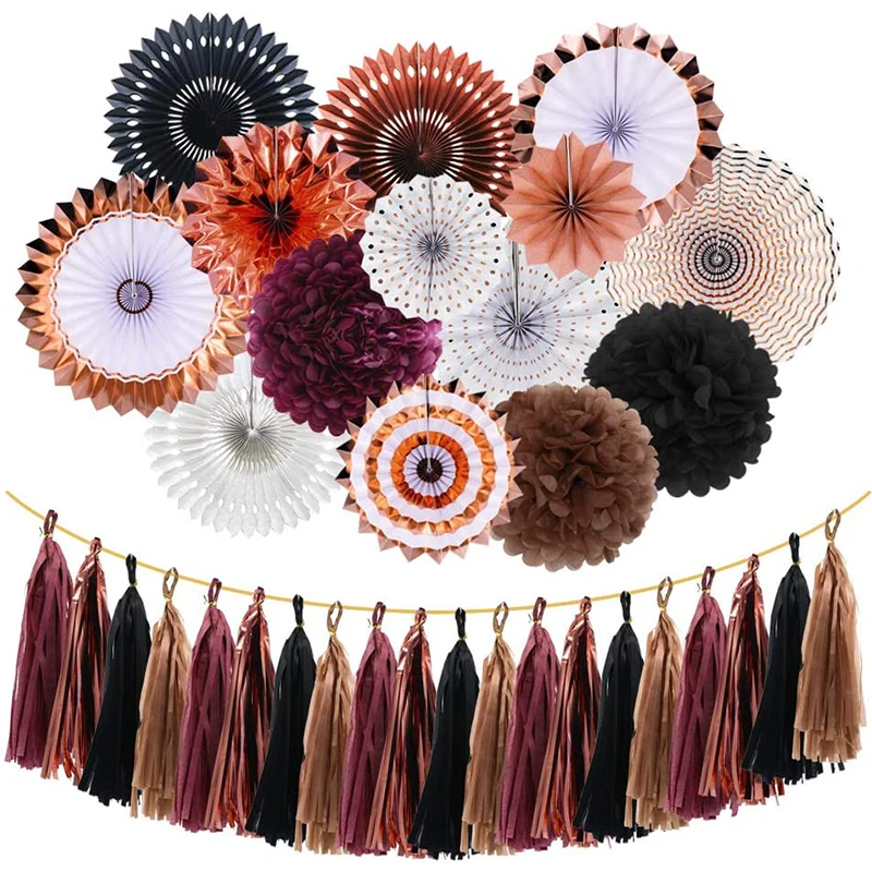 

Burgundy Rose Gold Maroon Black Paper Fans Pom Poms Flowers Tassel Garland Fall Autumn Girls Birthday Party Wedding Decorations