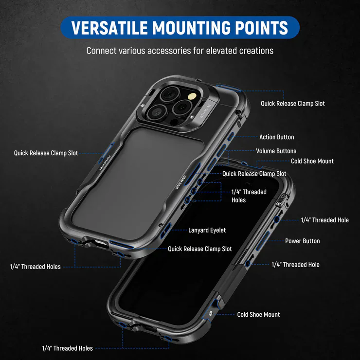 NEEWER Funda tipo jaula para teléfono con placa base de lente de 17 mm y adaptador de filtro de 67 mm para iPhone 16 Pro/ 16 Pro Max PA073/PA074