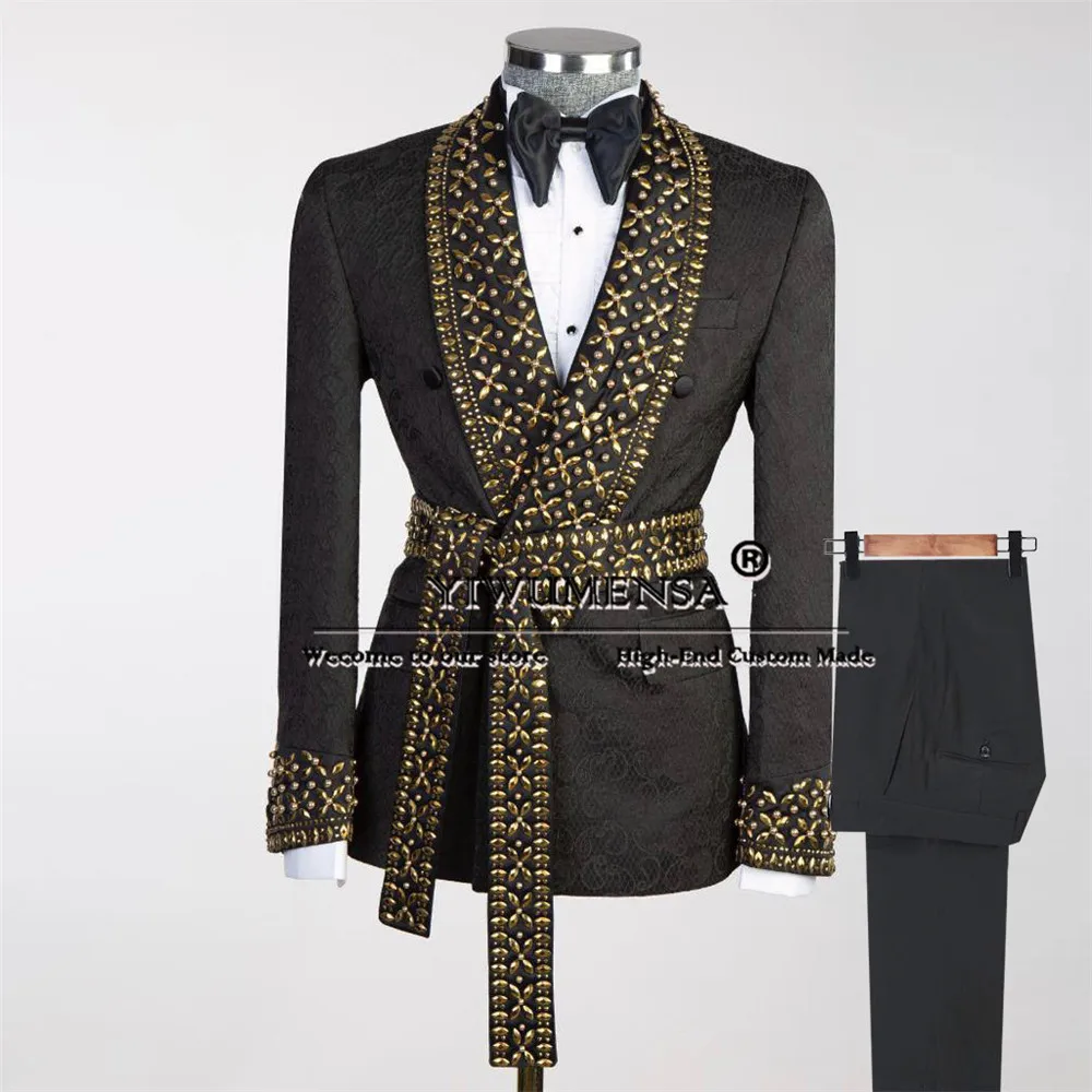 Man Elegant Floral Suits Golden Beaded Diamond Lapel Prom Blazer With Waistband Formal Party Groom Wear Tuxedo Male Clothing