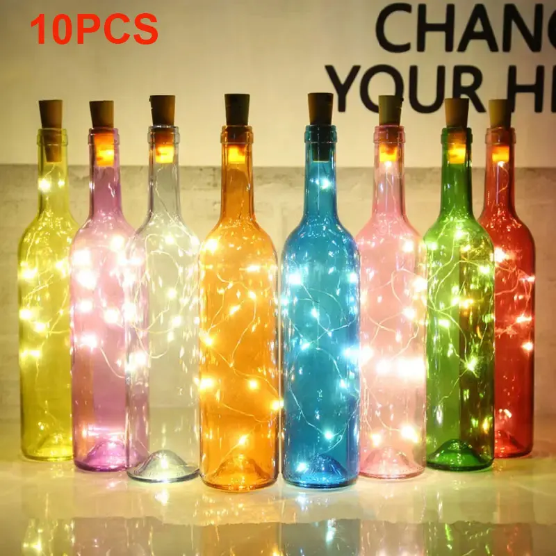 Cadena de luz Solar para botella de vino, lámpara de hadas para exteriores, decoración de vacaciones y Navidad, 10 piezas