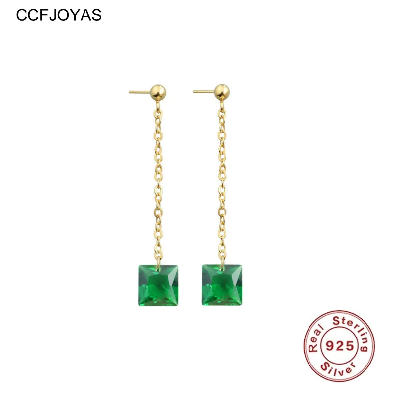 

CCFJOYAS 925 Sterling Silver Square Emerald Green Zircon Dangle Earrings Simple Light Luxury Women Earrings Silver Jewelry