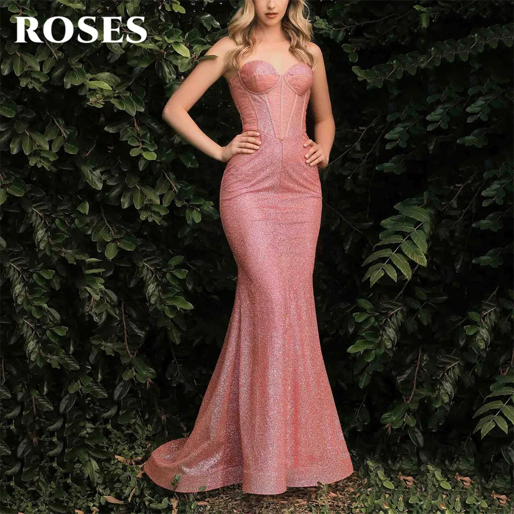 Vestido de noche rosa de sirena con escote corazón, sin mangas plisado vestido de fiesta, ajustado, con lentejuelas, largo hasta el suelo