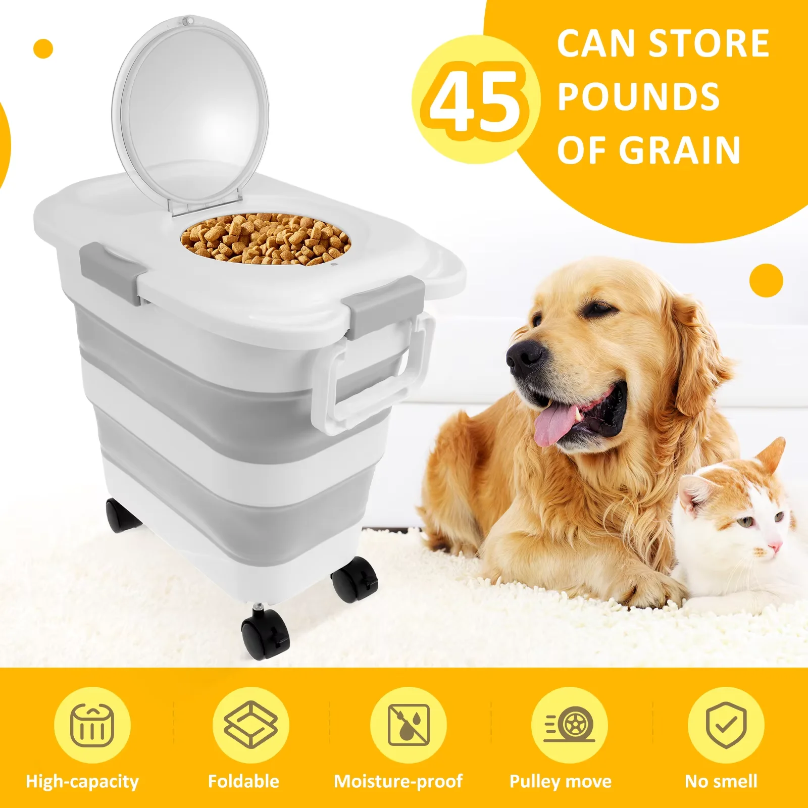 45KG Collapsible Pet Food Storage Barrel  Cat Dog Food Container Moisture-proof Airtight Sealing Dry Grain Rice Storage Boxes