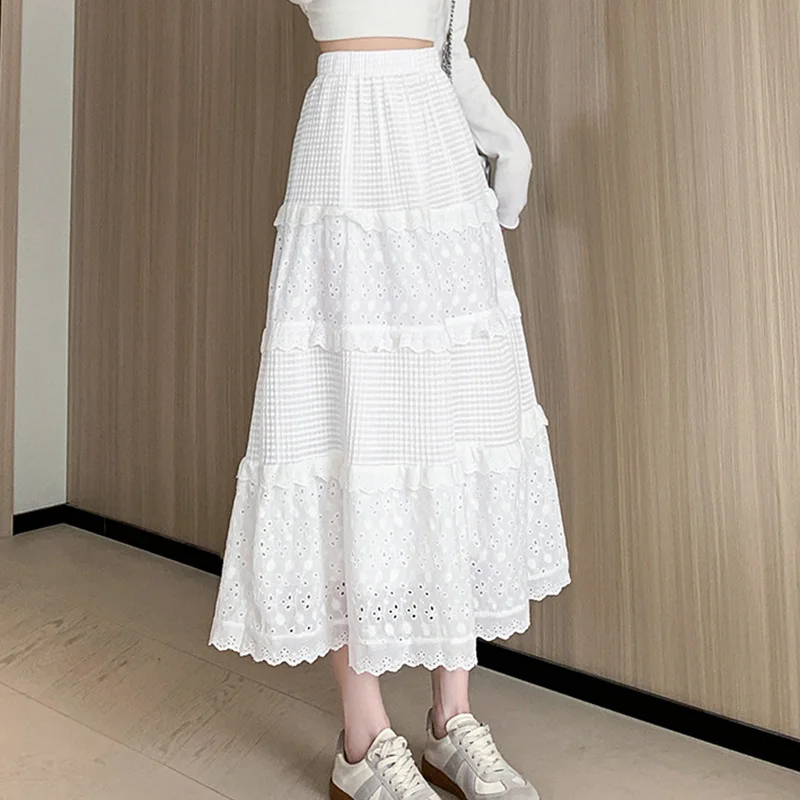 2023 neue Spitze Gefaltete Röcke für Frauen Frühling Herbst Weiß Hohl Hohe Taille Röcke Frau Elastische Taille A-linie Rock Mujer