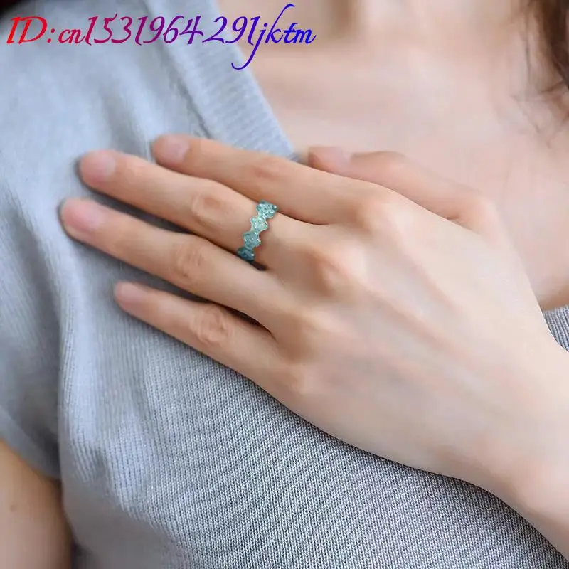 Natural Burmese Jadeite Clover Ring Accessories Carved Luxury Charm Gemstone Designer Real Jade Fashion Jewelry Gifts for Women view 4