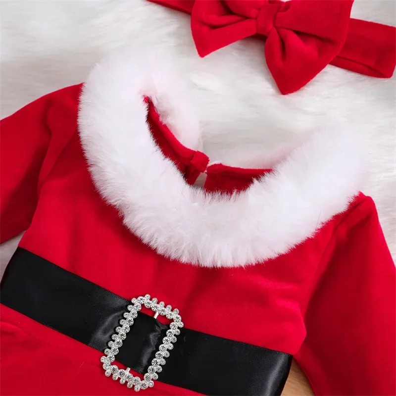 Baby Girls Christmas Bodysuits Outfits Long Sleeve Fur Trim Velvet Romper Dress Headband Set Newborn Winter Xmas Costume