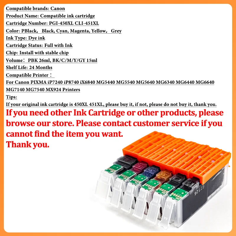 SET PGI-450 PGI450 PGI450 CLI451 Ink Cartridge KCMY Compatible For Canon PIXMA MG5440 MG5540 MG6440 Ip7240 MX924 IX6540 IX6840
