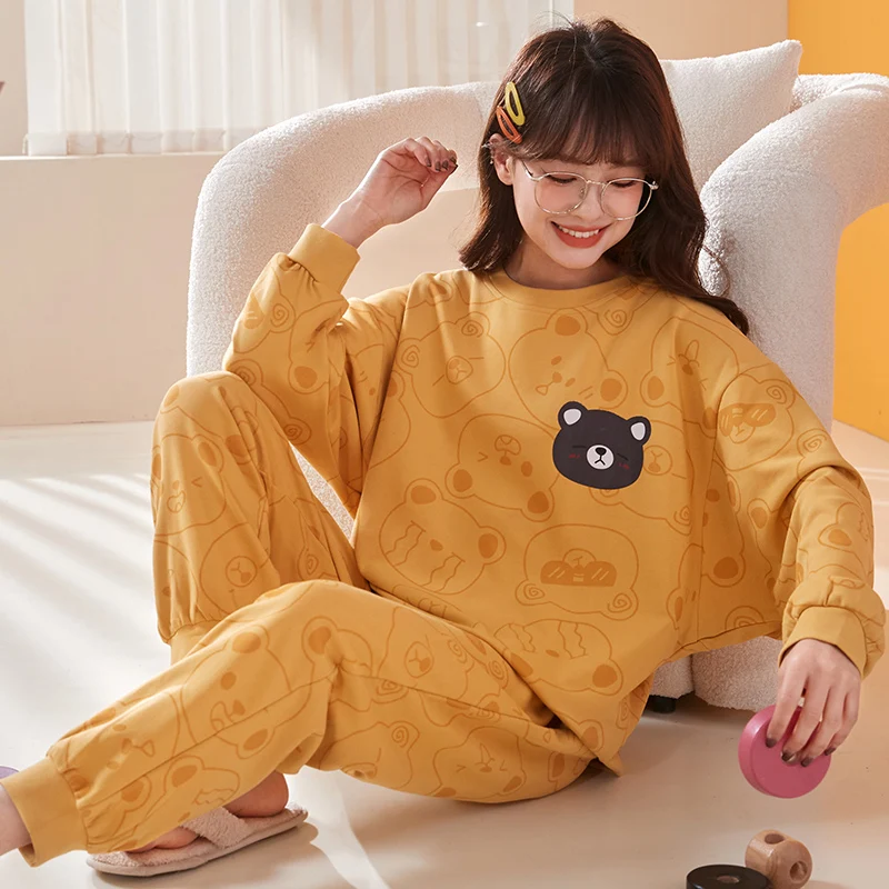

Spring Thin 2pieces Pyjamas Set Women Tops autumn Cotton Round Neck Girls Pajamas Sets cartoon Sleepwear Clothes Pijamas Mujer