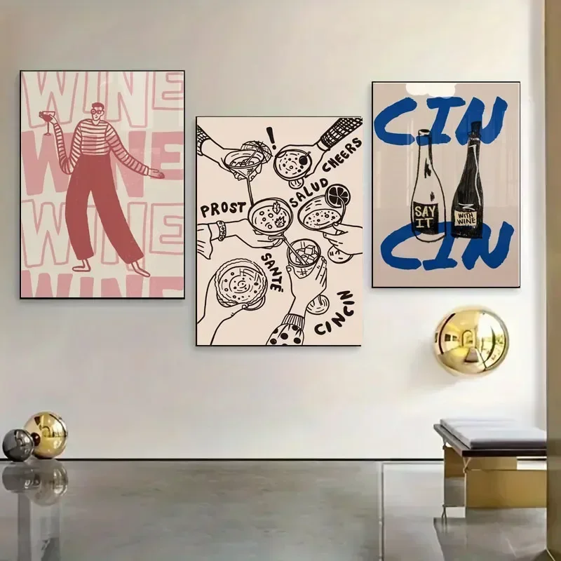 1PCS frameless  Wine Alcohol Cheers Print Retro Poster Bar Cart Canvas Wall Art Decor Drinks Gift Home  Living Room Bathroom Dec