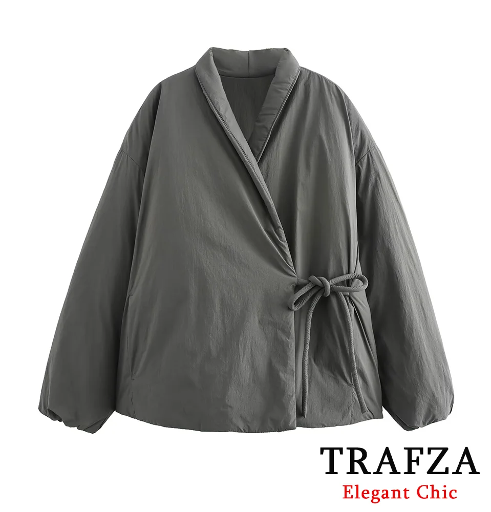 TRAFZA-Women Fashion Kimono Padding Coat Lace-up Lapel Solid Loose Coat New 2024 Fall Winter Stylish Casual Simple Padding Coat