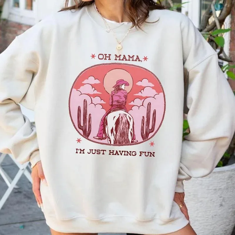 

Autumn and Winter Style Cowgirl Riding Horse with Cacti Graphic Cotton Crew Neck Sweatshirt