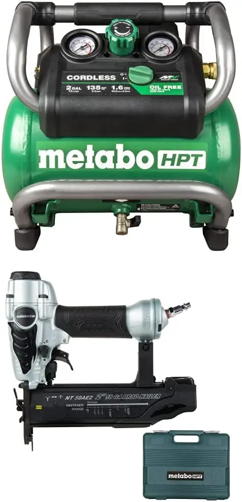 Bundle of Metabo HPT Brad Nailer Kit | NT50AE2 + Metabo HPT Cordless 18V MultiVolt™ Angled Finish Nailer Kit | 15 Gauge