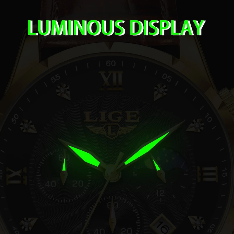 LIGE Man Watch Fashion Luxury Casual Sports Leather Strap Calendar Quartz Men\'s Watches Waterproof Luminous Diamond Wristwatches