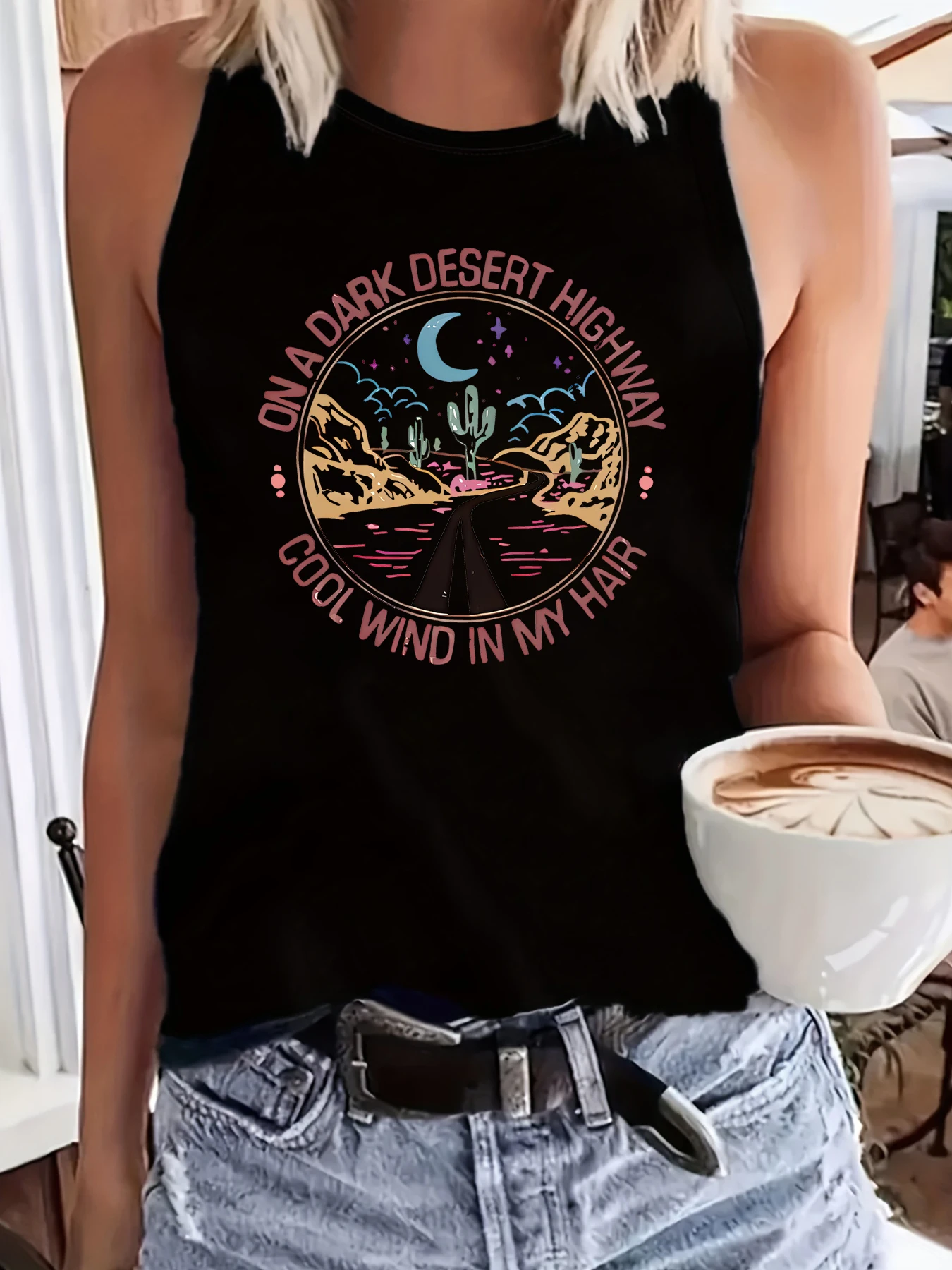 Women Summer Crew Neck Sleeveless Tank Top, On A Dark Desert Highway Letter Desert Cactus Graphic Print Casual Tank Top