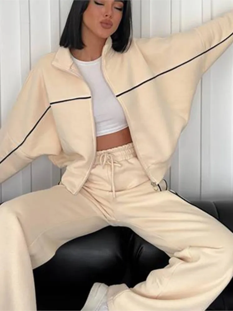 

Casual Set Long Sleeve Half High Collar Cardigan Zip-up Sweatshirt Tie Elastic Waist Comfortable Striped Pants Sports Pants Set